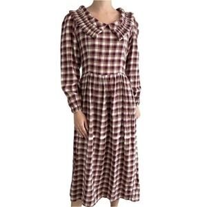 Tach‎ Clothing Dress Medium  Red Plaid Long Sleeve Midi Ruffle Prairie Modest